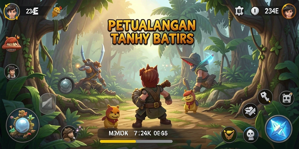 Screenshot utama 234E menunjukkan pemain menjelajahi dunia petualangan.