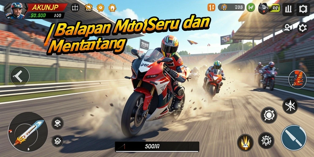 Tampilan grafik dan gameplay balapan motor AKUNJP yang mendebarkan.