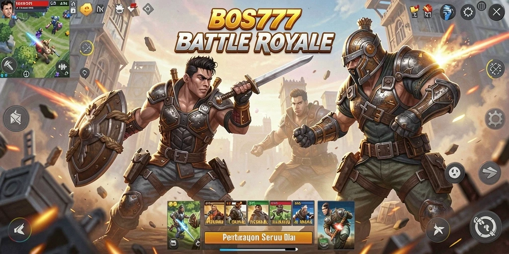 Screenshot gameplay BOS777 menunjukkan pertempuran seru di arena Battle Royale.