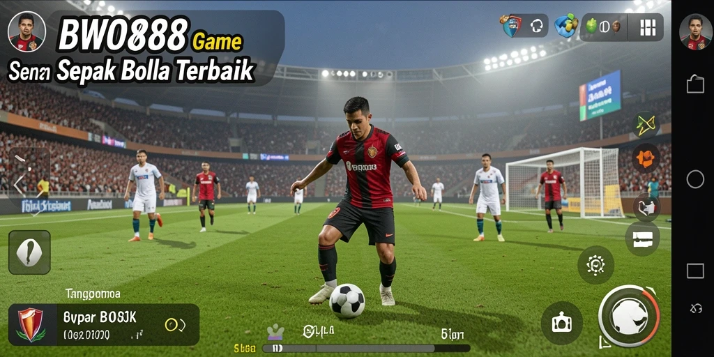 Screenshot utama BWO888 menunjukkan aksi seru dalam pertandingan sepak bola.