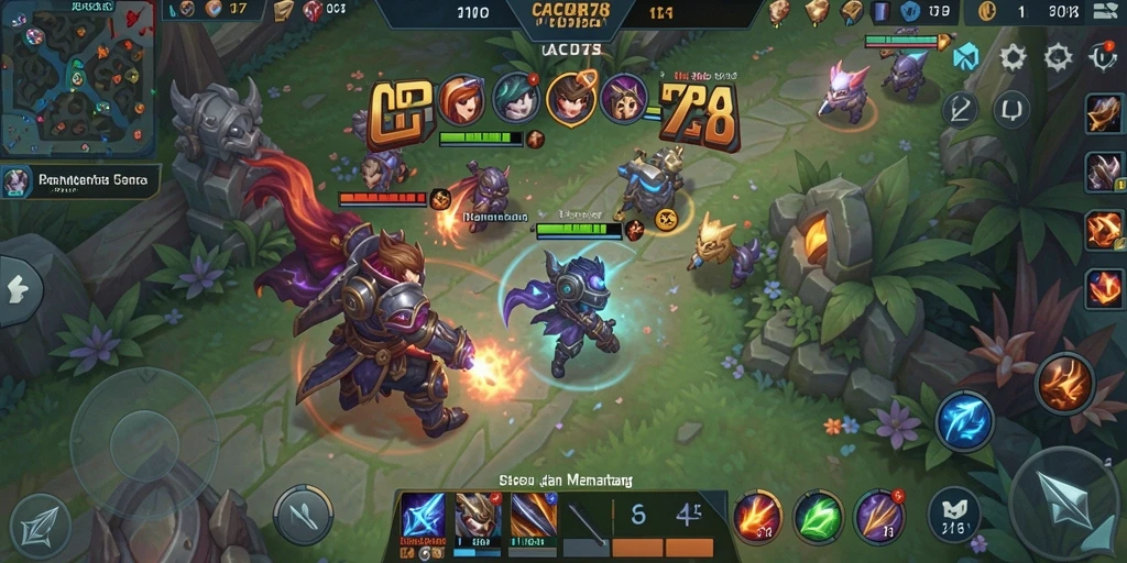 Tangkapan layar gameplay MOBA yang menampilkan aksi seru dan strategi tim.
