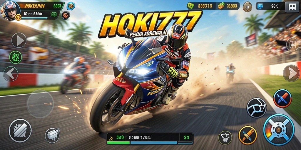 Tampilan seru saat balapan motor di HOKI777 dengan latar yang dinamis.