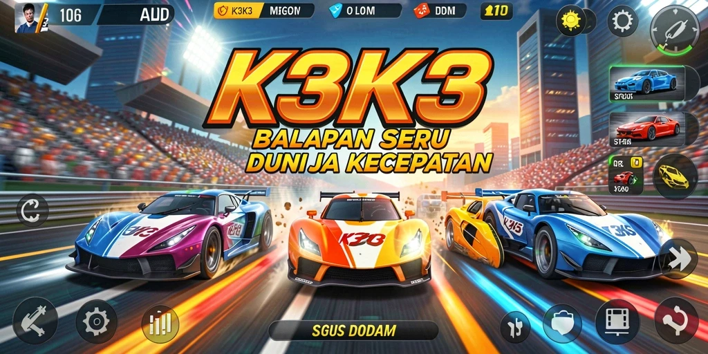 Screenshot gameplay K3K3 menampilkan aksi balapan seru dan kecepatan tinggi.