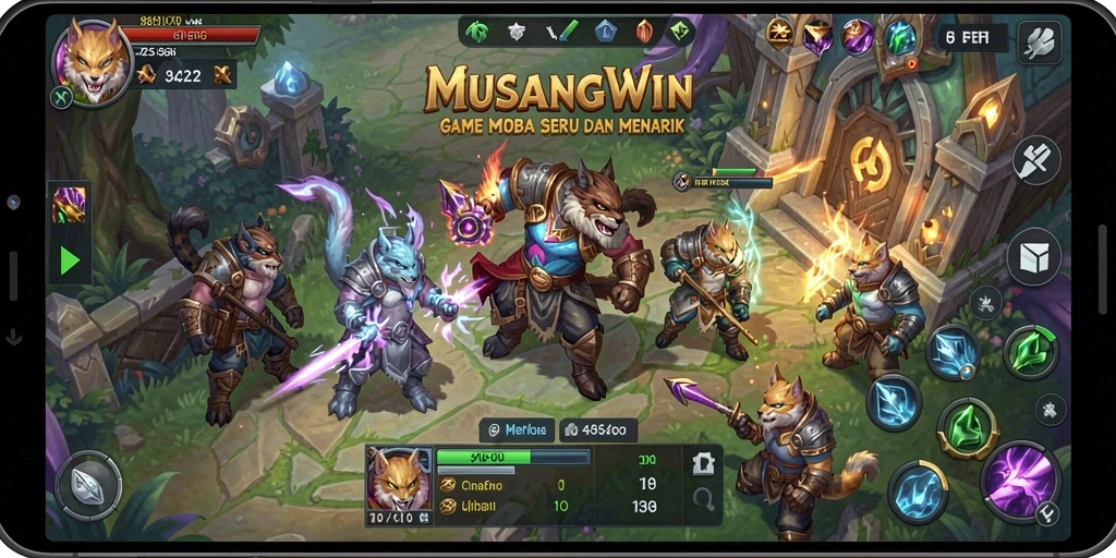 Screenshot gameplay MOBA yang menampilkan aksi seru dan strategi tim.