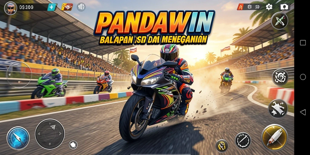 Gameplay seru dari PANDAWIN dengan balapan motor yang mendebarkan.