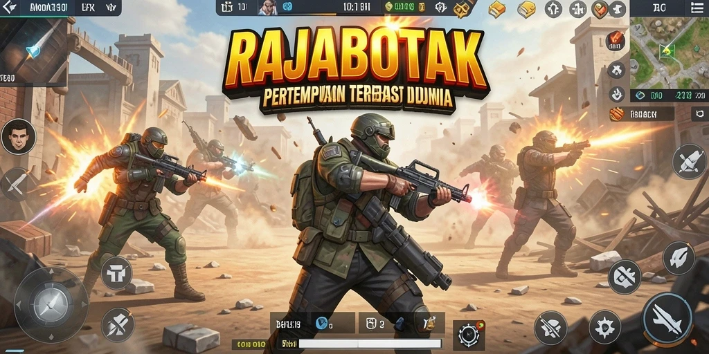 Screenshot utama RAJABOTAK yang menunjukkan aksi seru dalam Battle Royale.