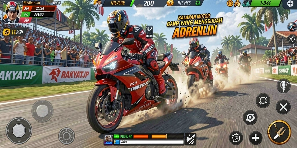 Gameplay seru RAKYATJP saat balapan motor di trek.