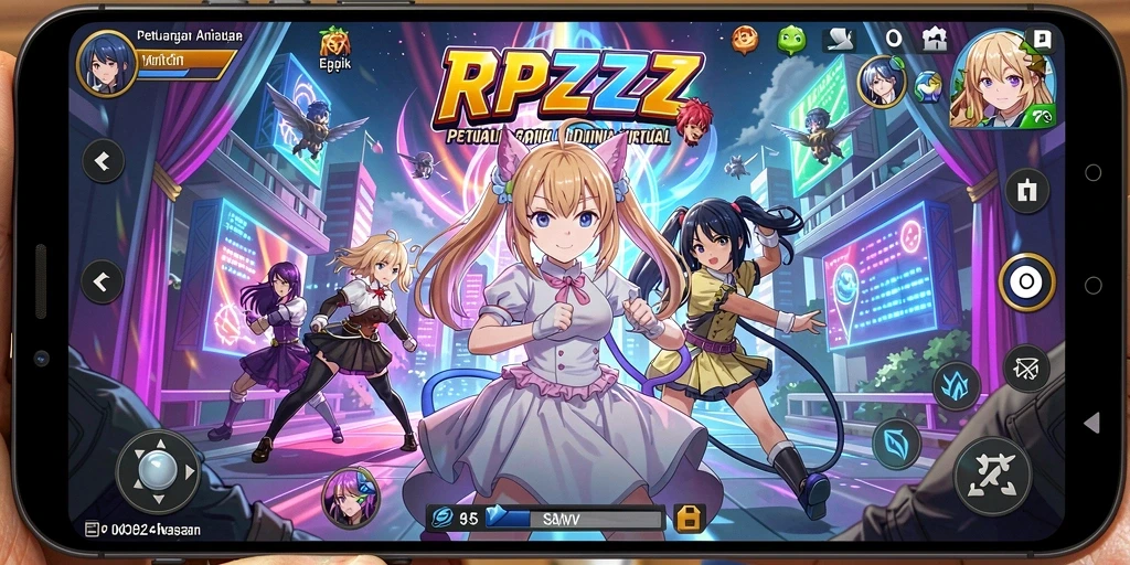 Screenshot gameplay RPZZZ menampilkan aksi seru dengan karakter anime.