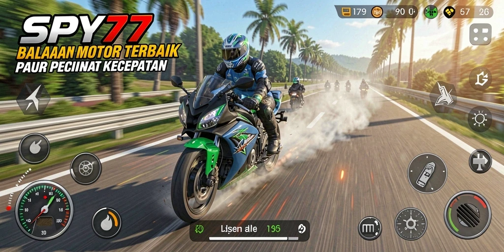 Tampilan gameplay seru dalam SPY77: balapan motor penuh aksi.