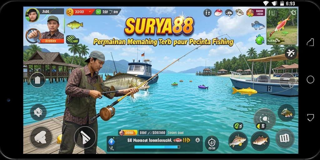 Screenshot gameplay SURYA88 menampilkan momen seru saat memancing.