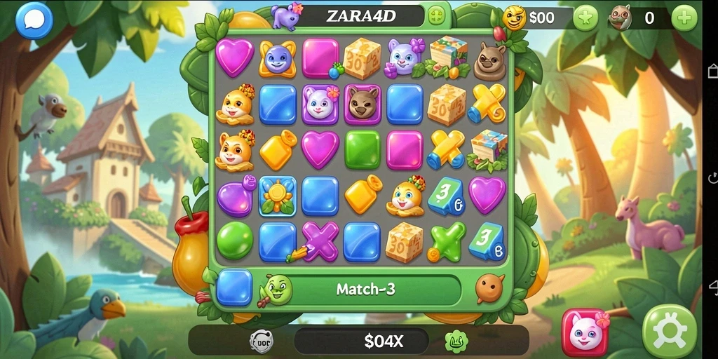 Tampilan menarik dari gameplay Match-3 ZARA4D yang penuh warna.